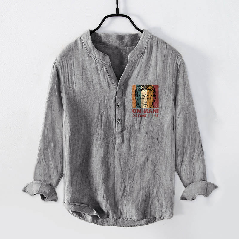Buddha Stones OM MANI PADME HUM Buddha Pattern Half Buttons Men's Cotton Linen Long Sleeve Shirt - Gray - US/UK/AU50,EU60 (5XL) - image 3