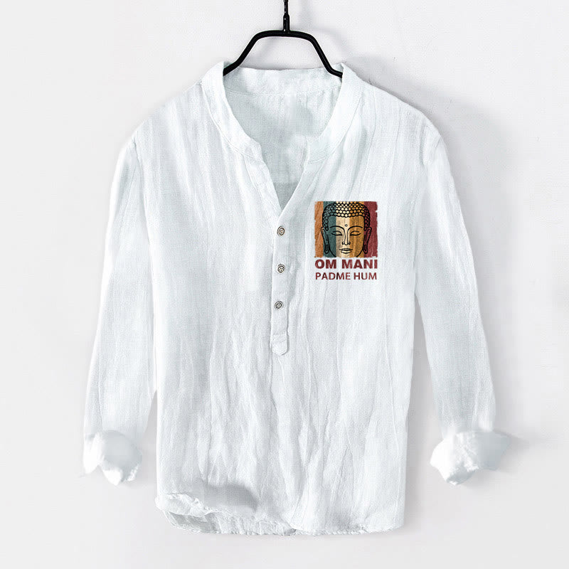 Buddha Stones OM MANI PADME HUM Buddha Pattern Half Buttons Men's Cotton Linen Long Sleeve Shirt - White - US/UK/AU50,EU60 (5XL) - image 6