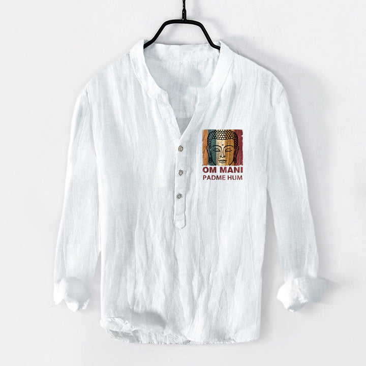 Buddha Stones OM MANI PADME HUM Buddha Pattern Half Buttons Men's Cotton Linen Long Sleeve Shirt - White - US/UK/AU50,EU60 (5XL) - image 6