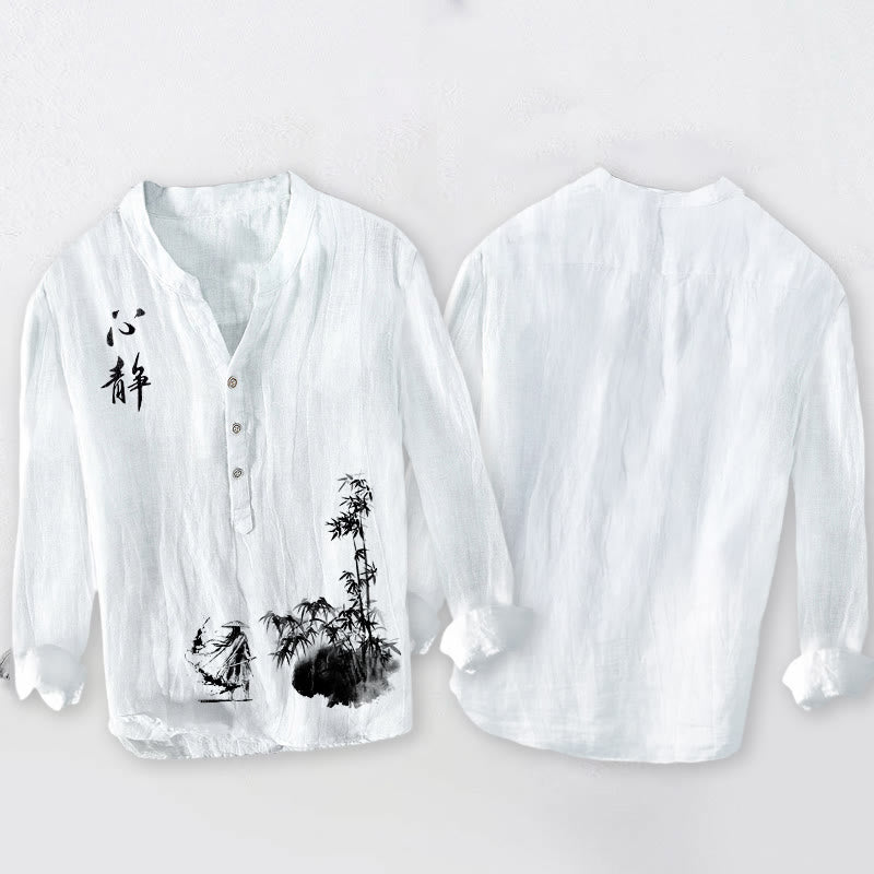 Buddha Stones Bamboo Chinese Character Swordsman Pattern Half Buttons Men's Cotton Linen Long Sleeve Shirt - image 8