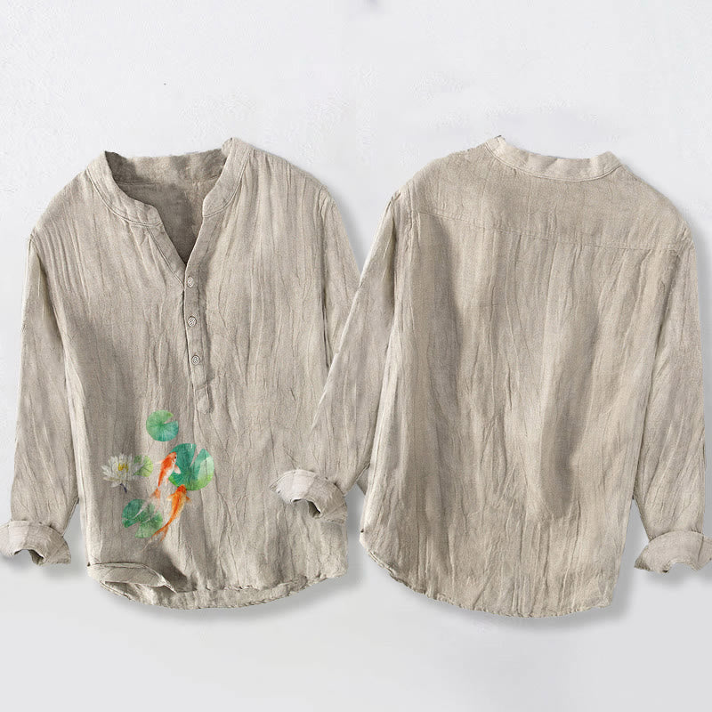 Buddha Stones Koi Fish Lotus Leaves Pattern Half Buttons Men's Cotton Linen Long Sleeve Shirt - image 5