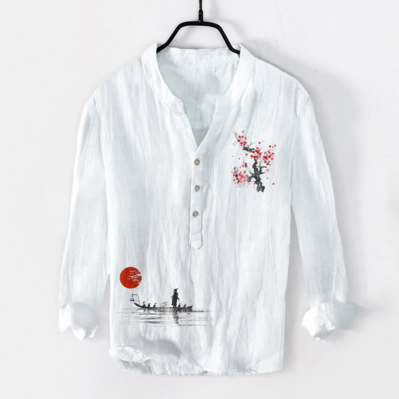 Buddha Stones Plum Blossom Sun Fisherman Pattern Half Buttons Men's Cotton Linen Long Sleeve Shirt - White - US/UK/AU50,EU60 (5XL) - image 6