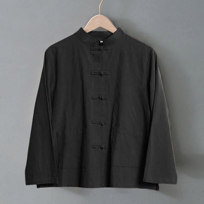 Buddha Stones Ethnic Frog-Button Long Sleeve Stand Collar Women's Cotton Shirt With Pockets - image 15