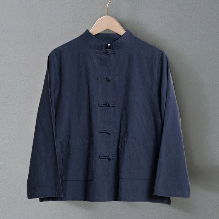 Buddha Stones Ethnic Frog-Button Long Sleeve Stand Collar Women's Cotton Shirt With Pockets - image 22