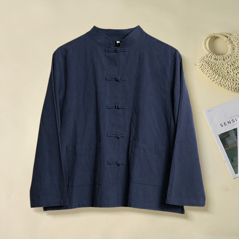 Buddha Stones Ethnic Frog-Button Long Sleeve Stand Collar Women's Cotton Shirt With Pockets - MidnightBlue - US12,UK/AU16,EU44 (2XL) - image 21