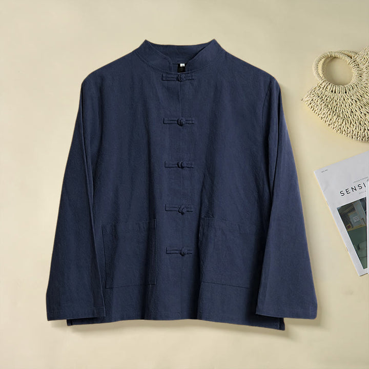 Buddha Stones Ethnic Frog-Button Long Sleeve Stand Collar Women's Cotton Shirt With Pockets - MidnightBlue - US12,UK/AU16,EU44 (2XL) - image 21