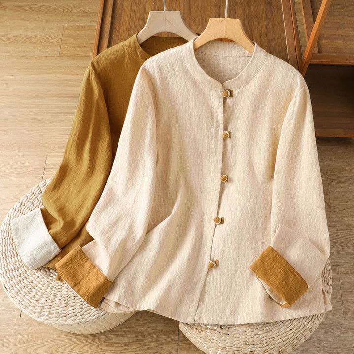 Buddha Stones Color Contrast Design Chinese Frog-Button Long Sleeve Women's Linen Shirt - image 19