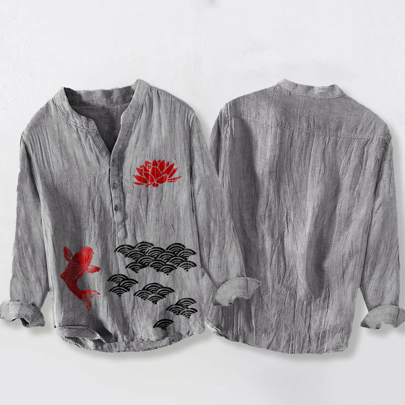 Buddha Stones Koi Fish Lotus Auspicious Clouds Half Buttons Men's Cotton Linen Long Sleeve Shirt - image 2