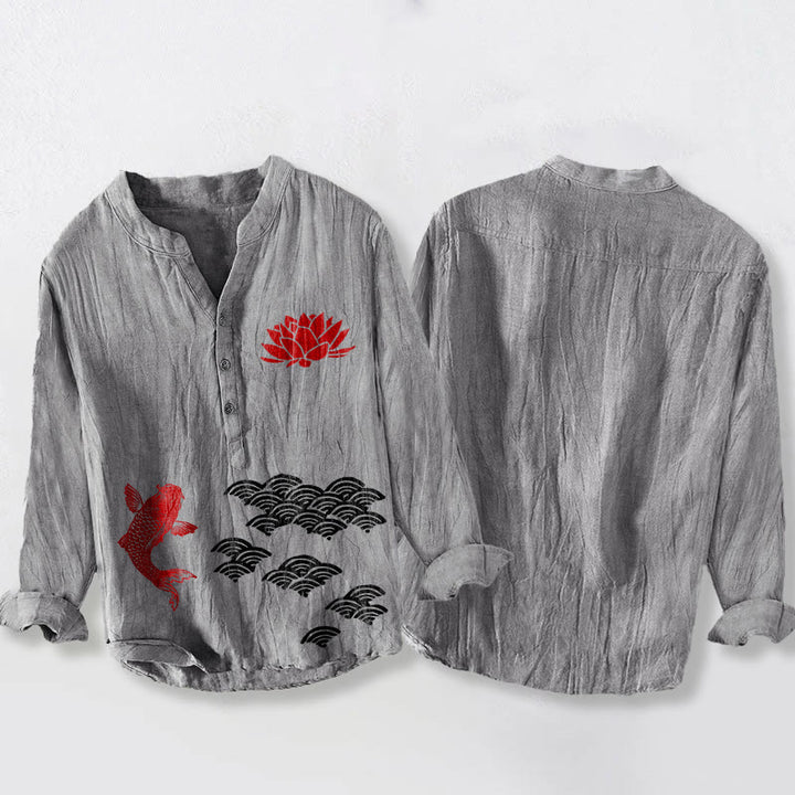 Buddha Stones Koi Fish Lotus Auspicious Clouds Half Buttons Men's Cotton Linen Long Sleeve Shirt - image 2
