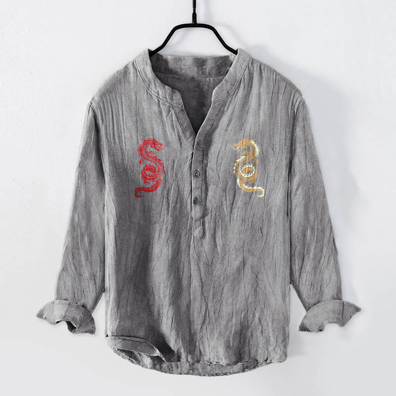 Buddha Stones Double Dragon Pattern Half Buttons Men's Cotton Linen Long Sleeve Shirt - Gray - US/UK/AU50,EU60 (5XL) - image 0