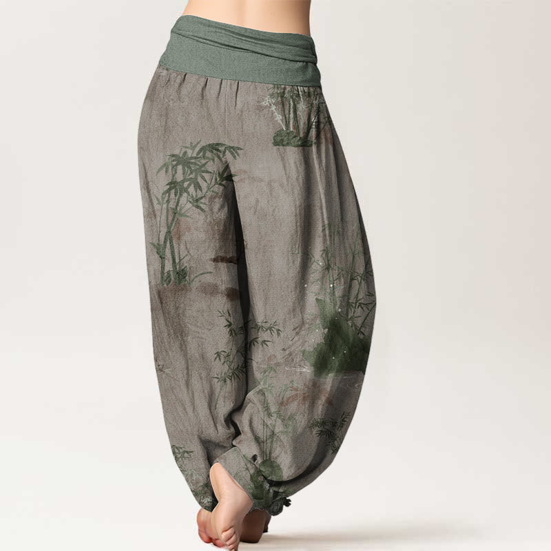 Buddha Stones Pure Cotton Casual Bamboo Rock Ink Painting Women's Elastic Waist Harem Pants - image 7