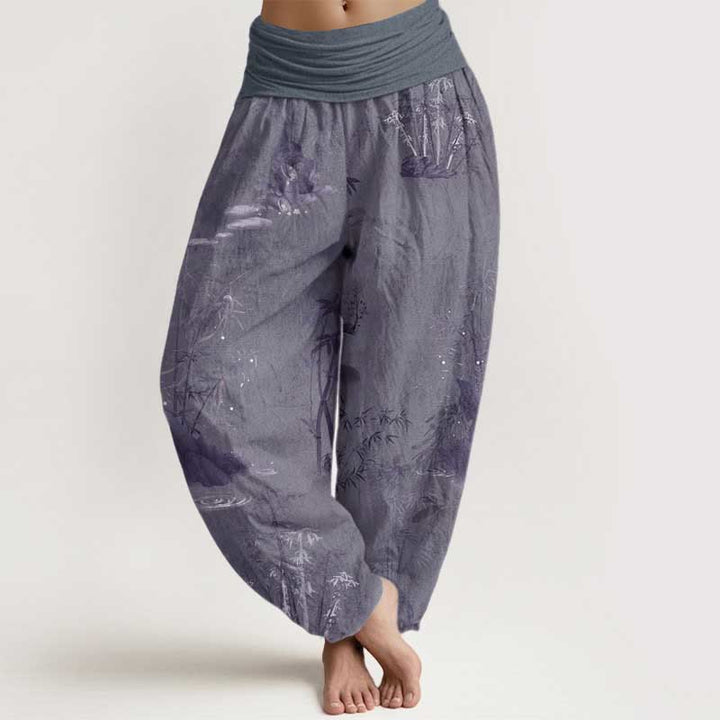 Buddha Stones Pure Cotton Casual Bamboo Rock Ink Painting Women's Elastic Waist Harem Pants - SlateGray - US22,UK/AU26,EU54 (6XL) - image 0