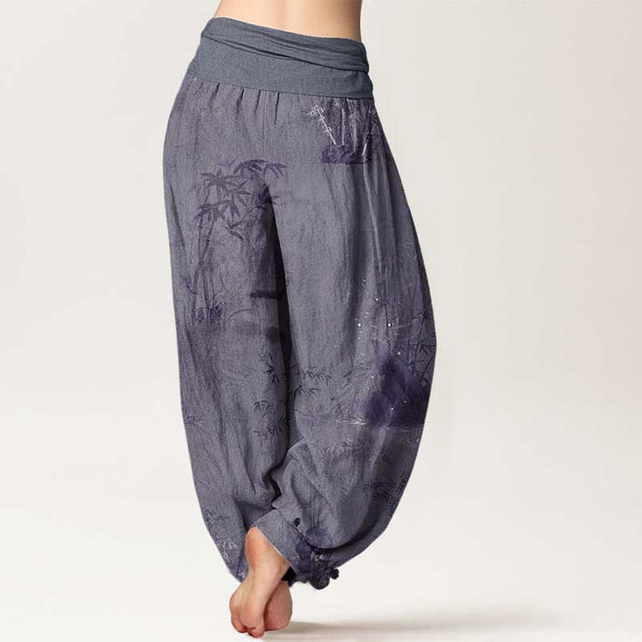 Buddha Stones Pure Cotton Casual Bamboo Rock Ink Painting Women's Elastic Waist Harem Pants - image 1