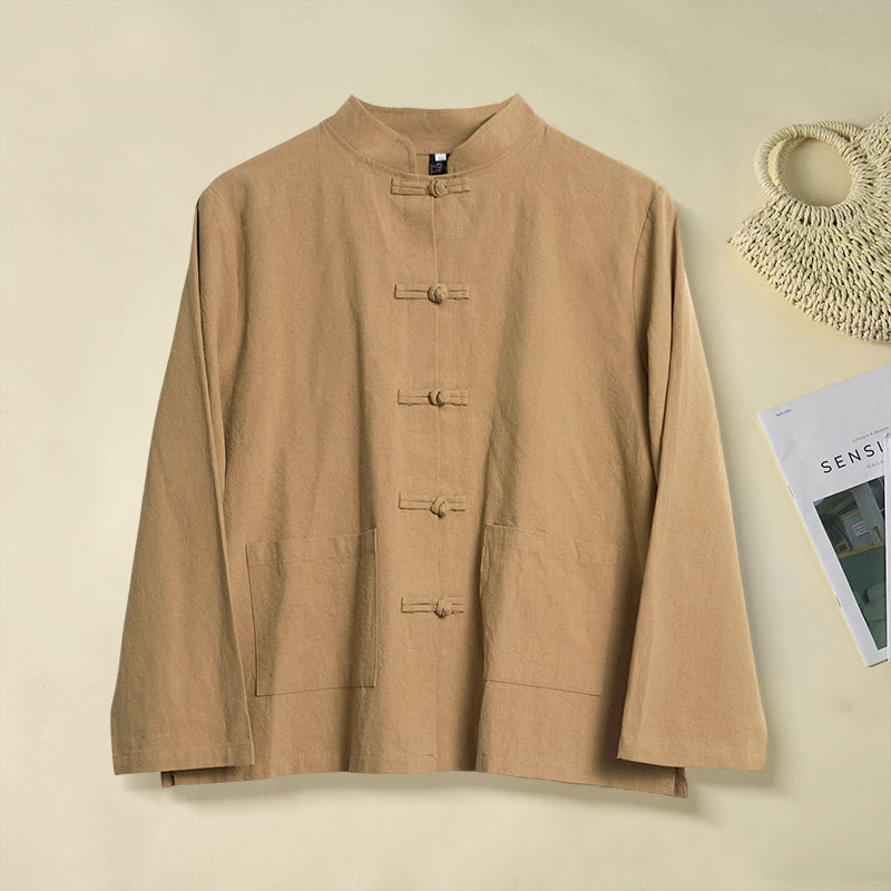 Buddha Stones Ethnic Frog-Button Long Sleeve Stand Collar Women's Cotton Shirt With Pockets - DarkGoldenrod - US12,UK/AU16,EU44 (2XL) - image 0