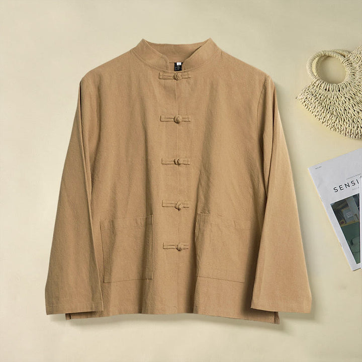 Buddha Stones Ethnic Frog-Button Long Sleeve Stand Collar Women's Cotton Shirt With Pockets - DarkGoldenrod - US12,UK/AU16,EU44 (2XL) - image 0