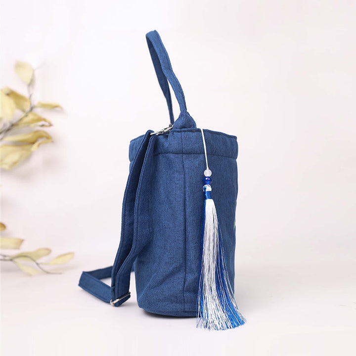 Buddha Stones Embroidery Wisteria Plum Lotus Cherry Blossom Cotton Linen Canvas Tote Crossbody Bag Shoulder Bag Handbag