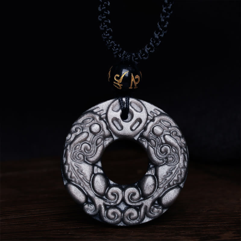 Buddha Stones Natural Silver Sheen Obsidian Double PiXiu Copper Coin Peace Buckle Protection Necklace Pendant - image 6