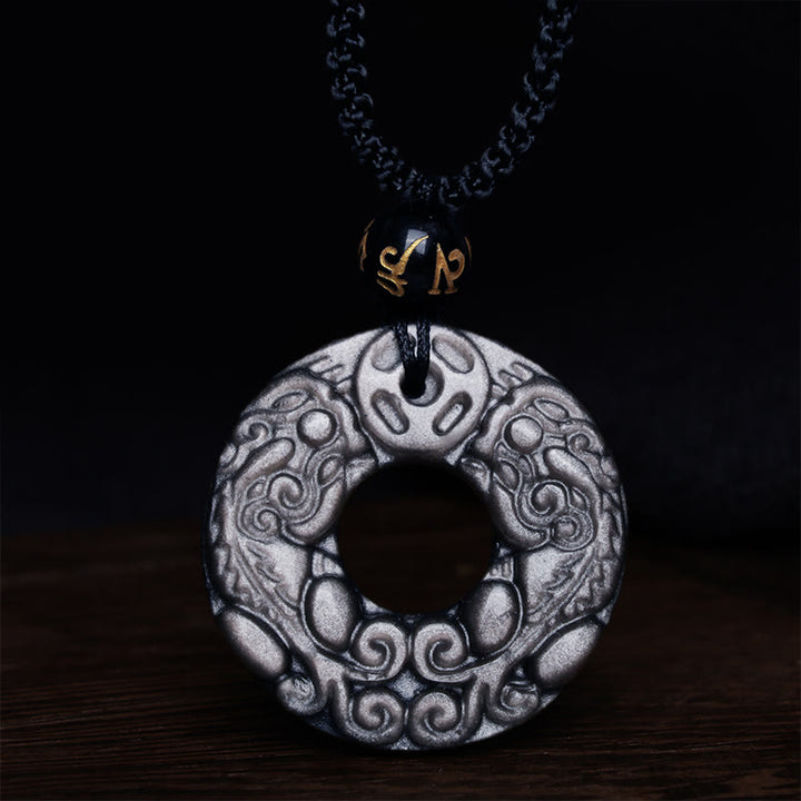 Buddha Stones Natural Silver Sheen Obsidian Double PiXiu Copper Coin Peace Buckle Protection Necklace Pendant - image 6