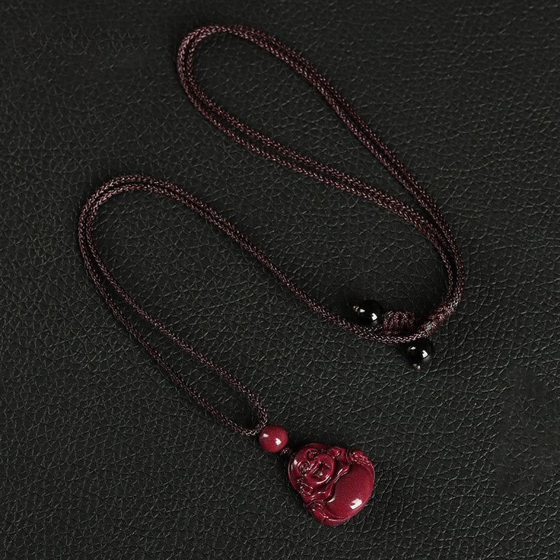 Buddha Stones Laughing Buddha Cinnabar Blessing Necklace Pendant Phone Hanging Decoration Key Chain - Necklace - Brown - image 2