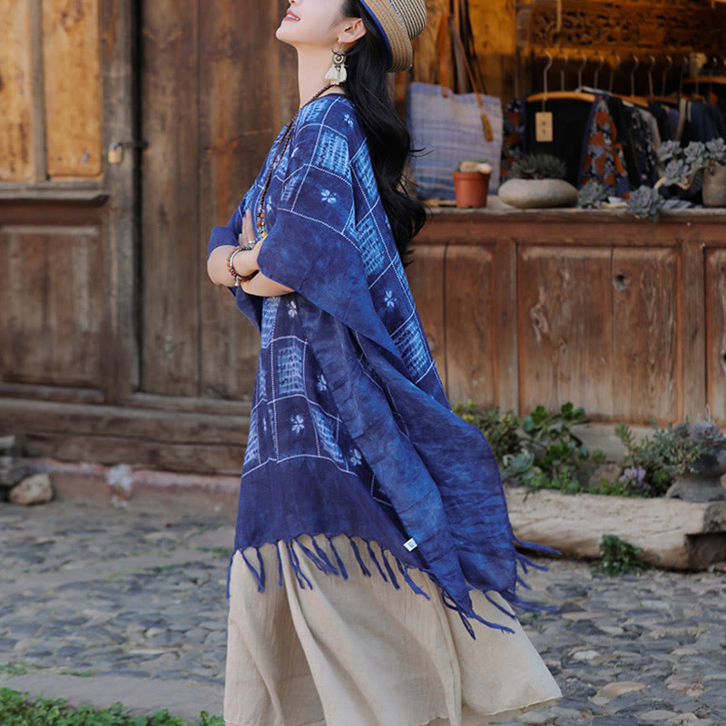 Buddha Stones Blue Color Block Plaid Shawl Tassels Soft Pullover 90*95cm