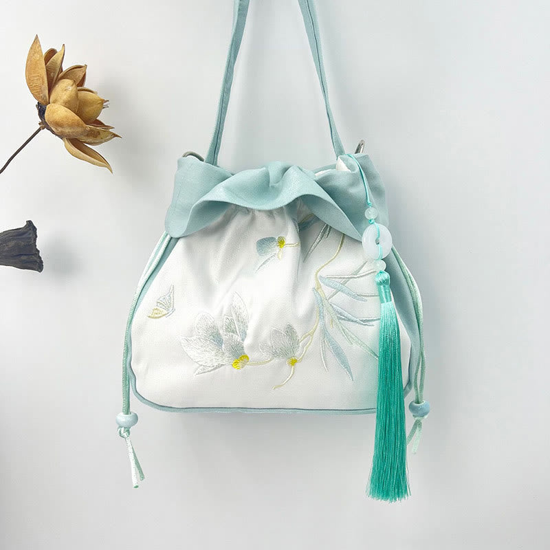 Buddha Stones Suzhou Embroidery Camellia Magnolia Peony Lotus Silk Tote Crossbody Bag Shoulder Bag Handbag