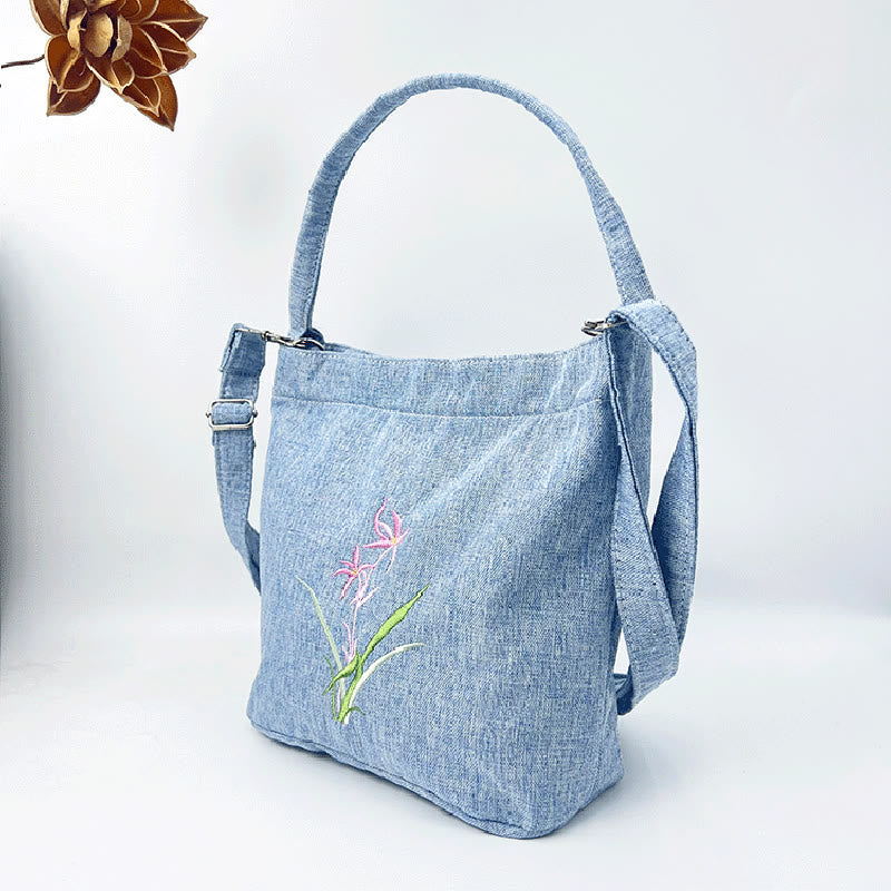 Buddha Stones Embroidery Wisteria Plum Lotus Cherry Blossom Cotton Linen Canvas Tote Crossbody Bag Shoulder Bag Handbag