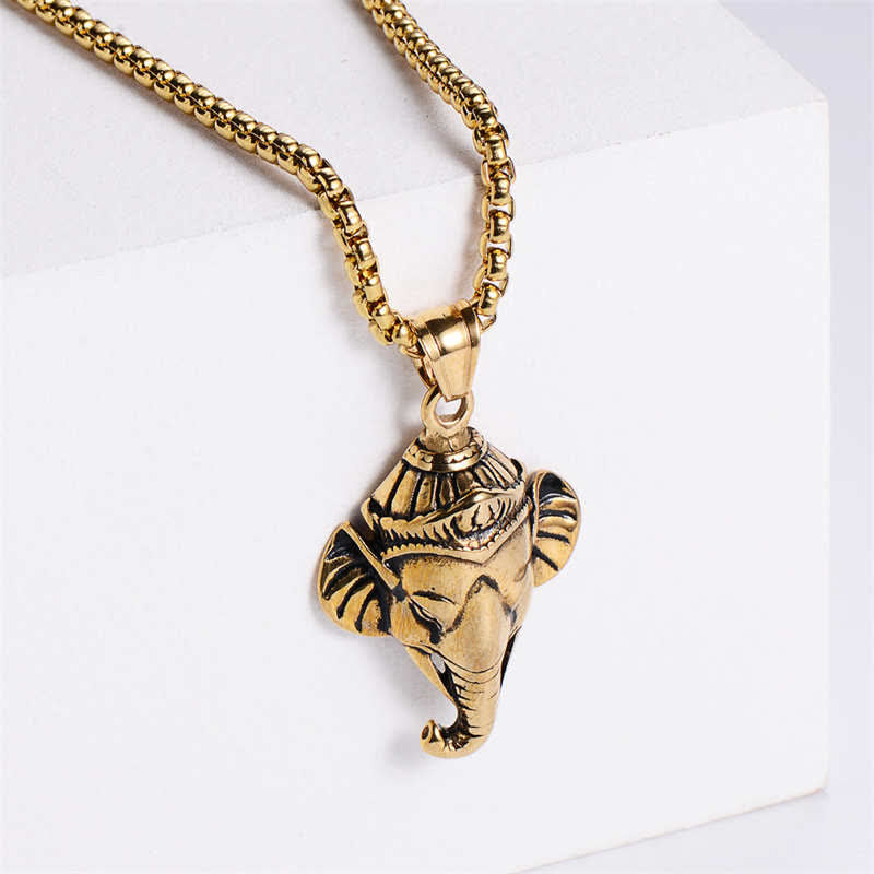 Ganesh Ganpati Elephant Titanium Steel Protection Pendant Necklace - Gold - image 1