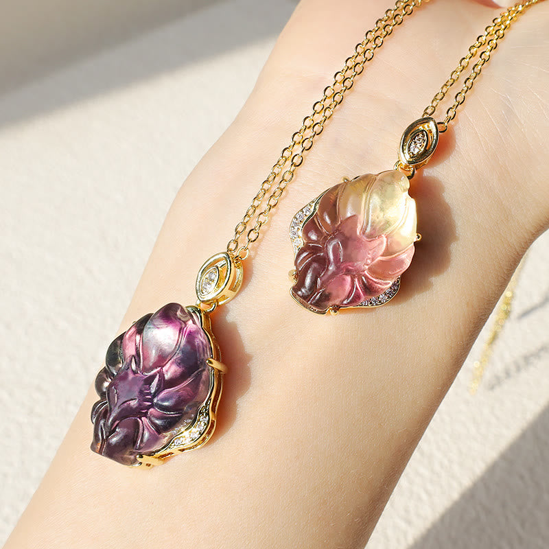 Buddha Stones Natural Colorful Fluorite Nine Tailed Fox Protection Necklace Pendant