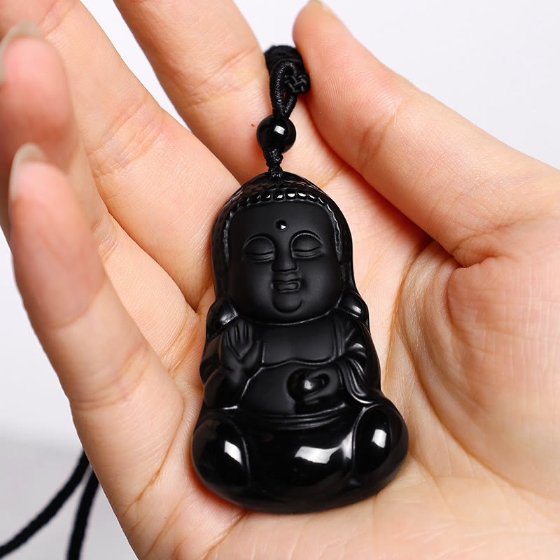 Buddha Stones Natural Black Obsidian Crystal Buddha Strength Protection Amulet Lucky Charm Pendant Necklace - image 5