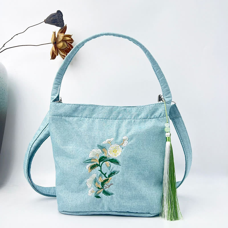 Buddha Stones Embroidery Wisteria Plum Lotus Cherry Blossom Cotton Linen Canvas Tote Crossbody Bag Shoulder Bag Handbag