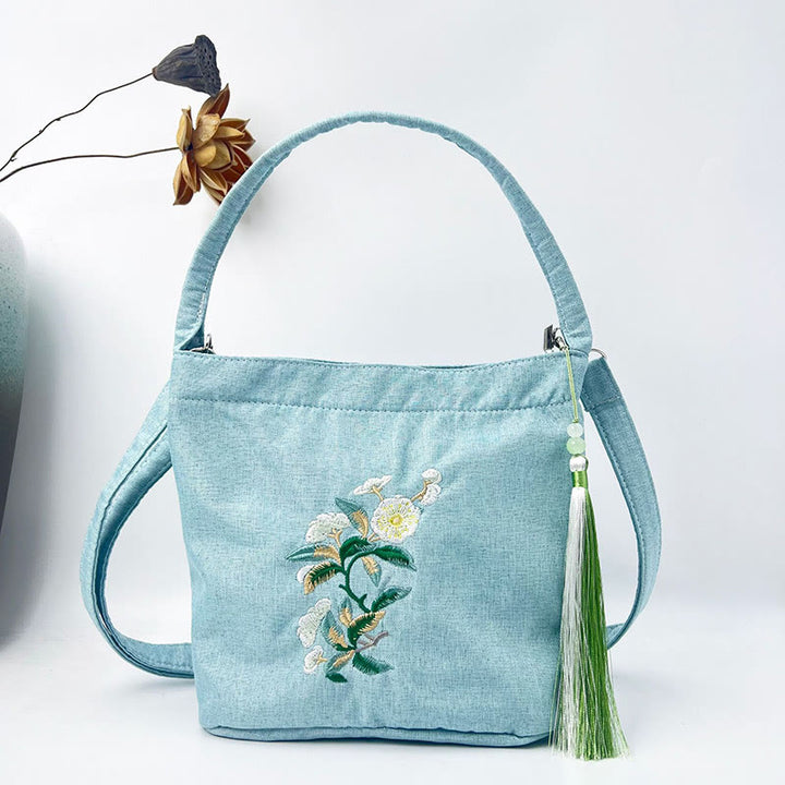 Buddha Stones Embroidery Wisteria Plum Lotus Cherry Blossom Cotton Linen Canvas Tote Crossbody Bag Shoulder Bag Handbag