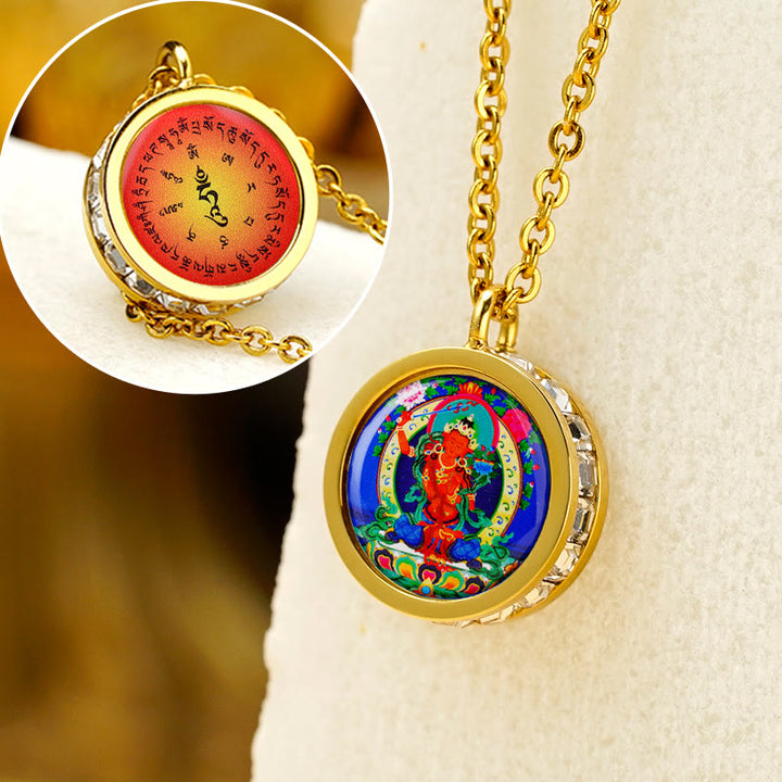 Buddha Stones Tibetan Yellow God Of Wealth Green Tara Buddha Serenity Titanium Steel Necklace Pendant - Front Manjushri Bodhisattva Back Mantra - image 18