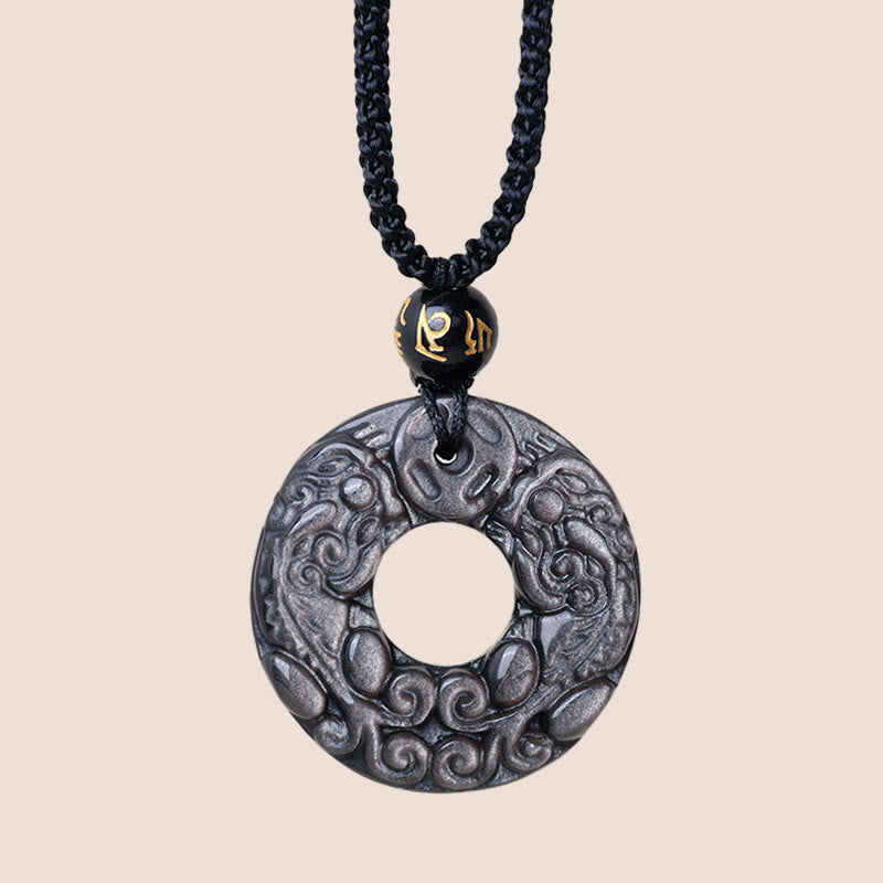 Buddha Stones Natural Silver Sheen Obsidian Double PiXiu Copper Coin Peace Buckle Protection Necklace Pendant - image 3