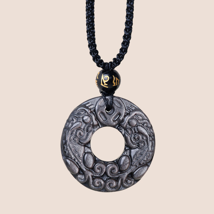 Buddha Stones Natural Silver Sheen Obsidian Double PiXiu Copper Coin Peace Buckle Protection Necklace Pendant - image 3