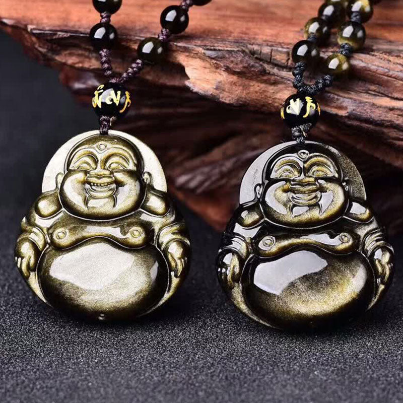 Buddha Stones Laughing Buddha Gold Sheen Obsidian Wealth Necklace Pendant - image 2
