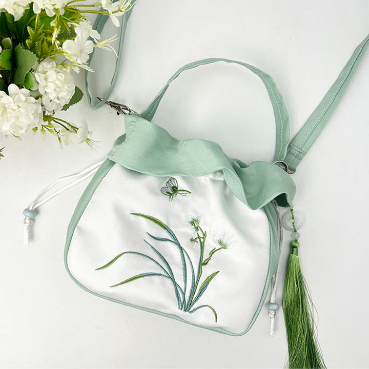 Buddha Stones Suzhou Embroidery Camellia Magnolia Peony Lotus Silk Tote Crossbody Bag Shoulder Bag Handbag