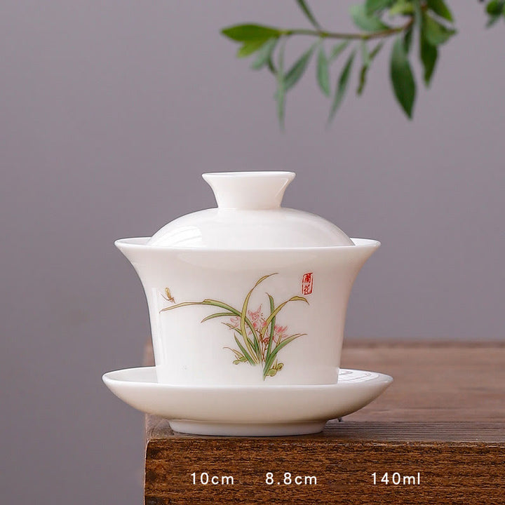 Buddha Stones White Porcelain Mountain Landscape Countryside Ceramic Gaiwan Teacup Kung Fu Tea Cup And Saucer With Lid