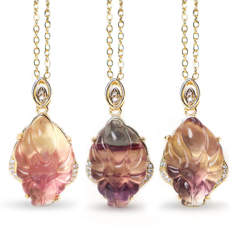 Buddha Stones Natural Colorful Fluorite Nine Tailed Fox Protection Necklace Pendant