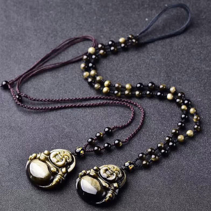 Buddha Stones Laughing Buddha Gold Sheen Obsidian Wealth Necklace Pendant - image 3