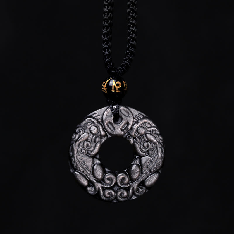 Buddha Stones Natural Silver Sheen Obsidian Double PiXiu Copper Coin Peace Buckle Protection Necklace Pendant - image 8