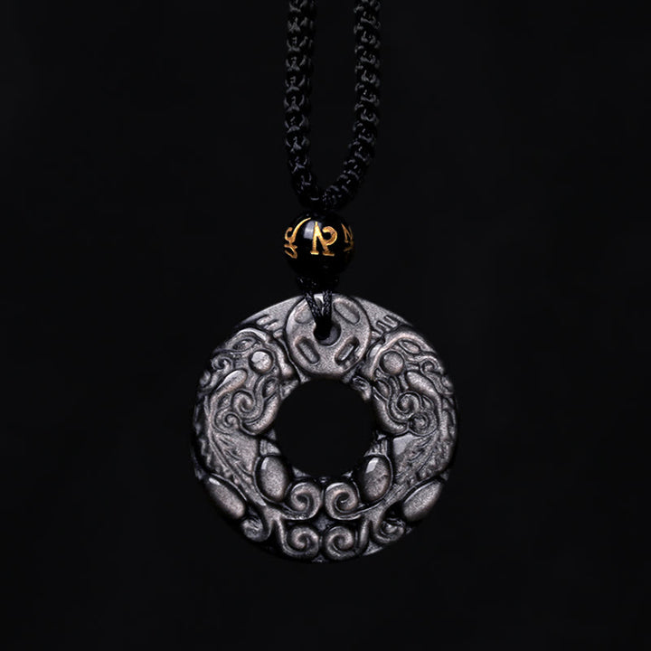 Buddha Stones Natural Silver Sheen Obsidian Double PiXiu Copper Coin Peace Buckle Protection Necklace Pendant - image 8
