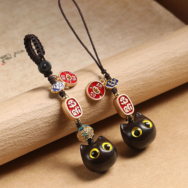 Buddha Stones Ebony Wood Lucky Cat Auspicious Cloud Peace Key Chain Phone Hanging Decoration - image 1
