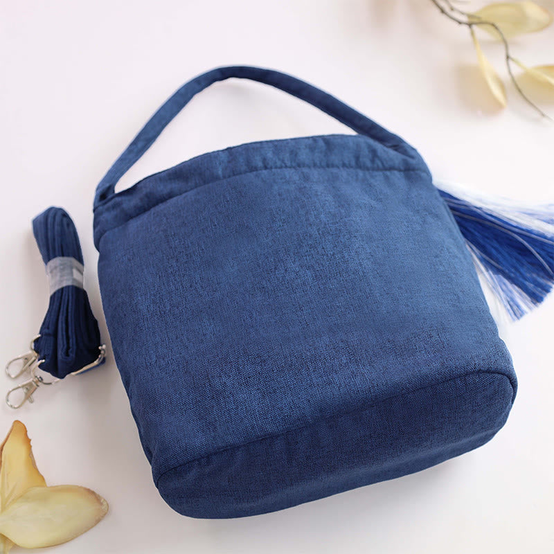 Buddha Stones Embroidery Wisteria Plum Lotus Cherry Blossom Cotton Linen Canvas Tote Crossbody Bag Shoulder Bag Handbag