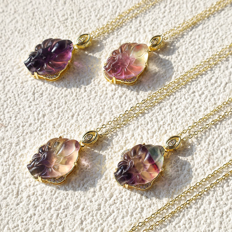 Buddha Stones Natural Colorful Fluorite Nine Tailed Fox Protection Necklace Pendant