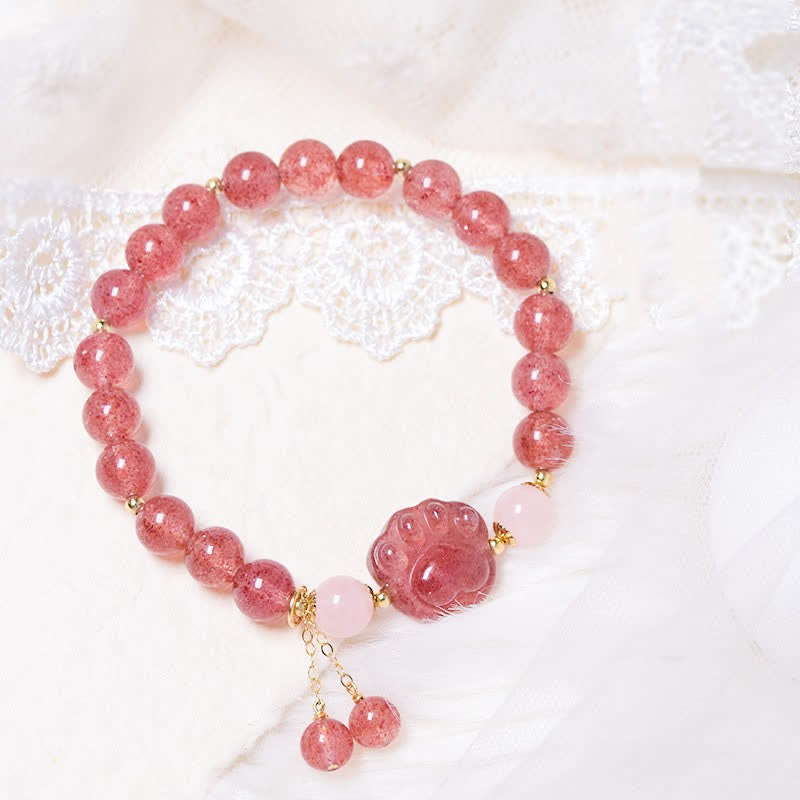 Buddha Stones Natural Strawberry Quartz Pink Crystal Lucky Cat Paw Love Bracelet - Strawberry Quartz - image 1