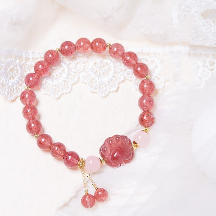 Buddha Stones Natural Strawberry Quartz Pink Crystal Lucky Cat Paw Love Bracelet - Strawberry Quartz - image 1