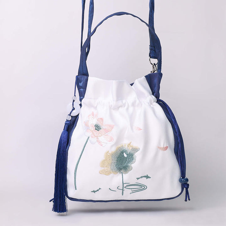 Buddha Stones Embroidered Lotus Koi Fish Crane Camellia Cotton Linen Tote Crossbody Bag Shoulder Bag Handbag