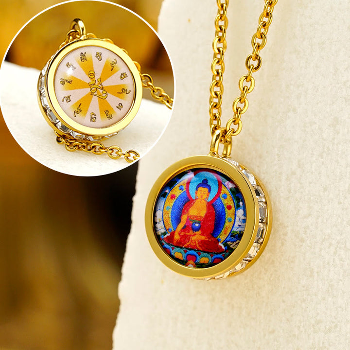 Buddha Stones Tibetan Yellow God Of Wealth Green Tara Buddha Serenity Titanium Steel Necklace Pendant - Front Sakyamuni Buddha Back Mantra - image 15