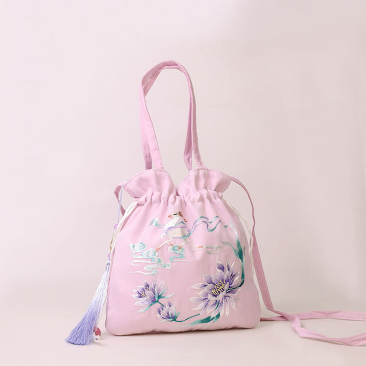 Buddha Stones Suzhou Embroidery Lotus Deer Epiphyllum Peony Rabbit Cotton Linen Tote Crossbody Bag Shoulder Bag Handbag