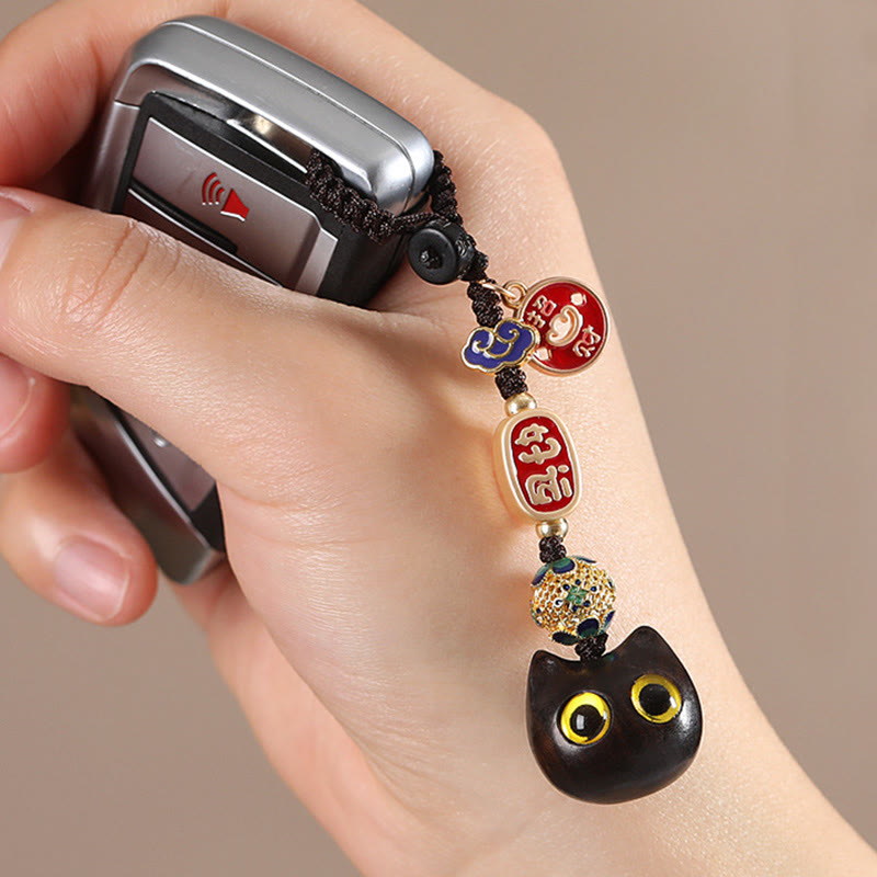 Buddha Stones Ebony Wood Lucky Cat Auspicious Cloud Peace Key Chain Phone Hanging Decoration - image 6